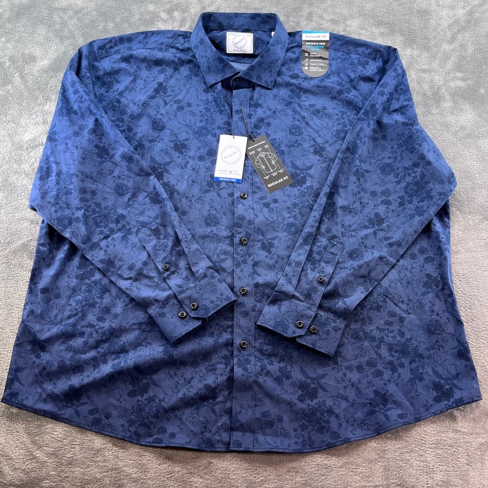 Bespoke New York Mens XXL 18-18.5 Blue Floral Wrinkle Free Stretch Dress Shirt